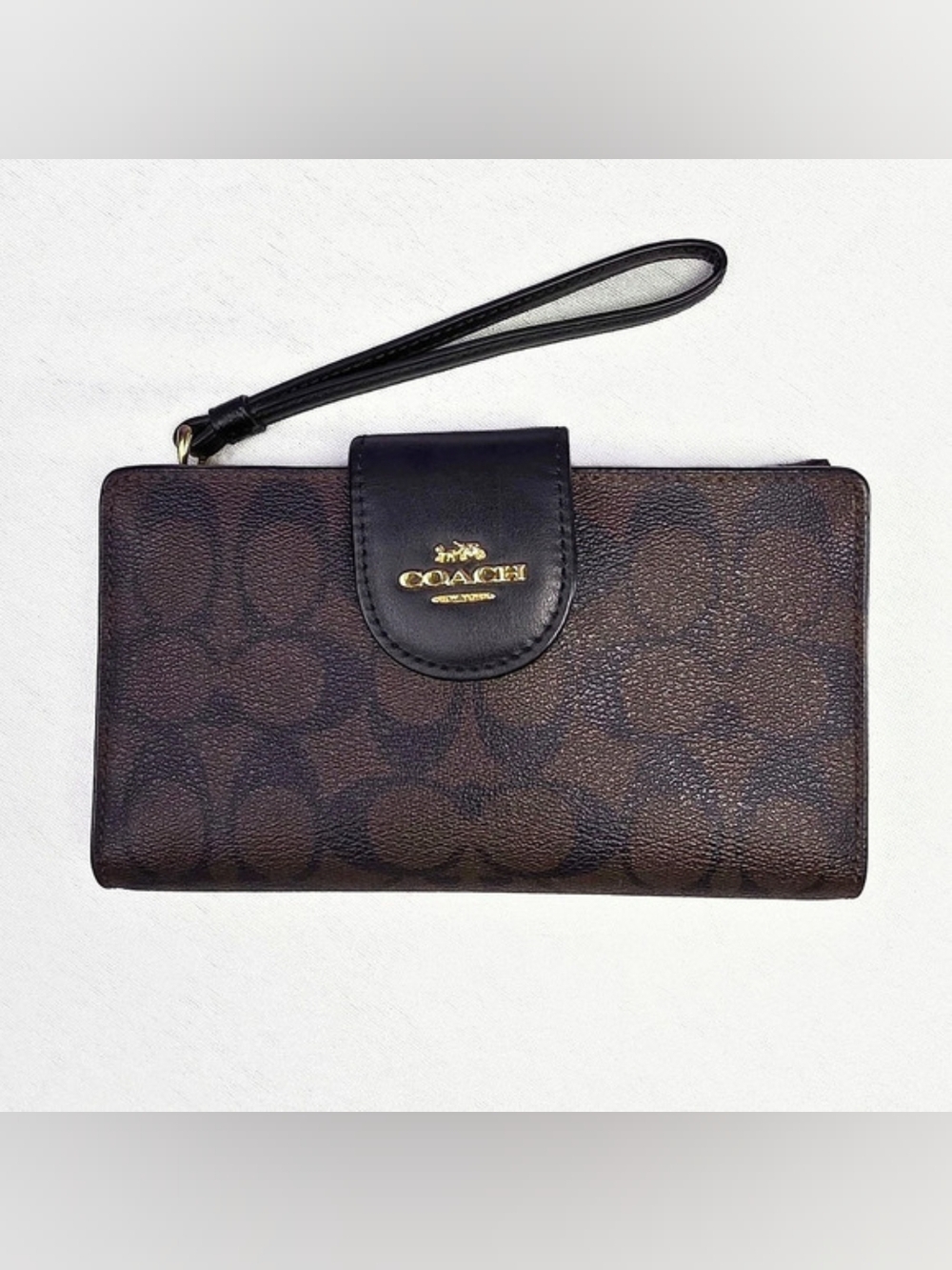 Coach Phone Wallet In Signature Canvas Brown & Black